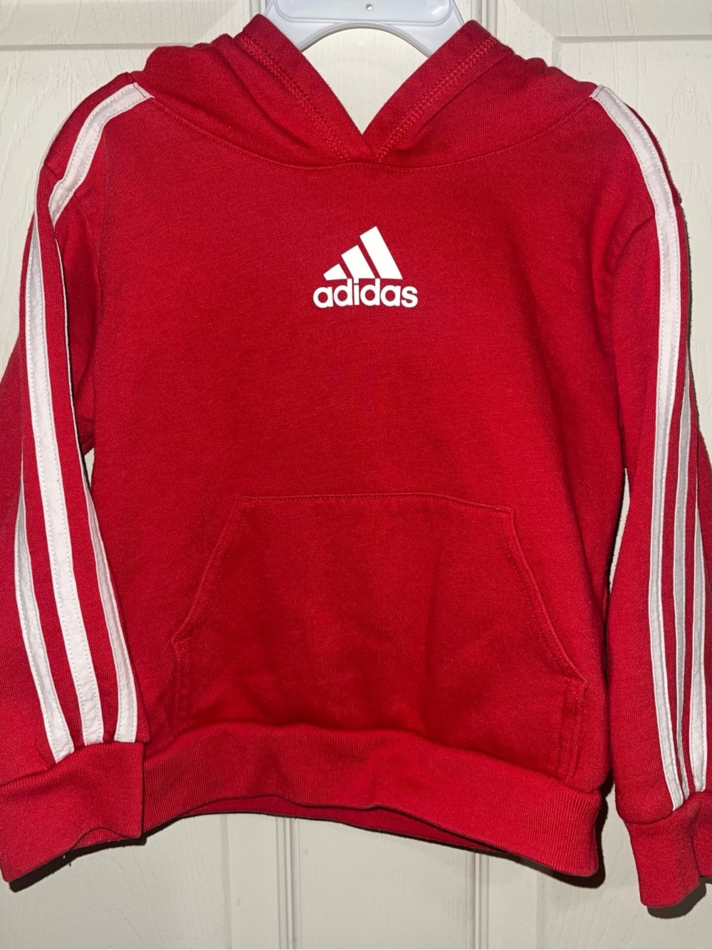 adidas Red Hoodie with White Stripe Sleeves